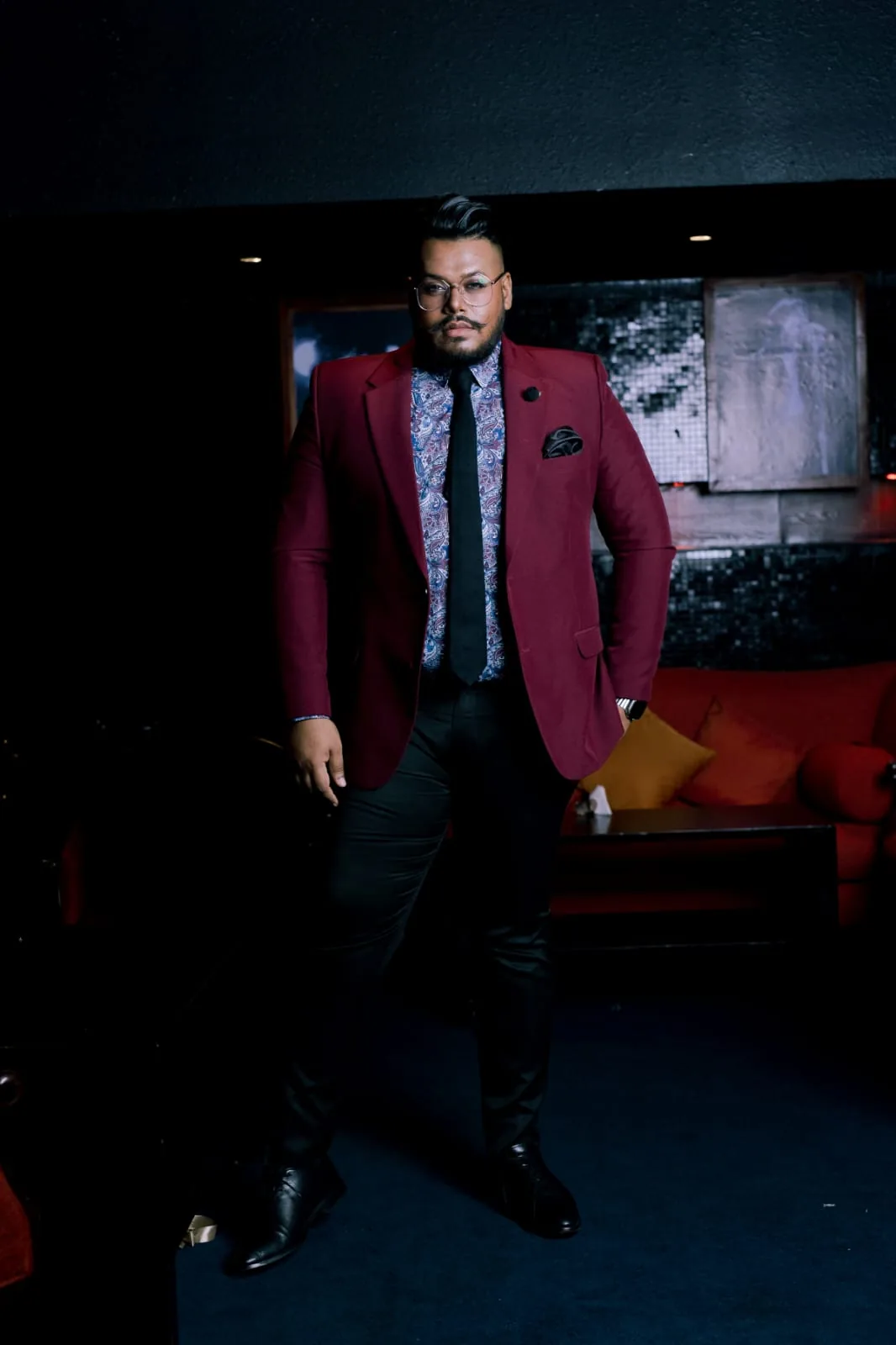 Burgundy formal suit styling
